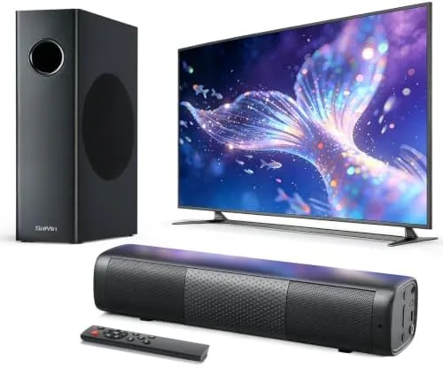 Overview of the Saiyin 11.7" Sound Bar with Subwoofer, Deep Bass, Bluetooth/AUX/Optical |