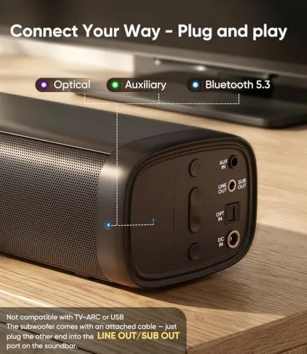 The Saiyin 11.7" Sound Bar with Subwoofer, Deep Bass, Bluetooth/AUX/Optical | in real use