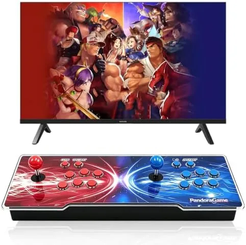 The 32000 in 1 arcade console set up in a living room