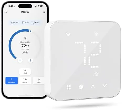 The white meross smart thermostat mounted on a wall