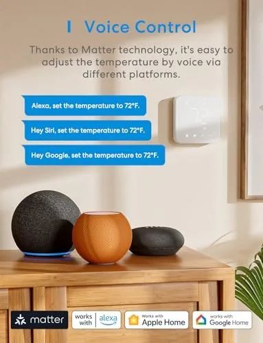 The thermostat being controlled by voice through a smart speaker