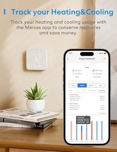 The thermostat mounted beside a smart speaker in a hallway