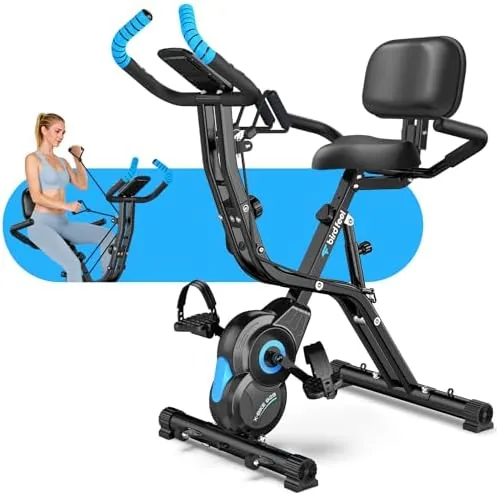 Foldable exercise bike unfolded and ready for a workout in a small home