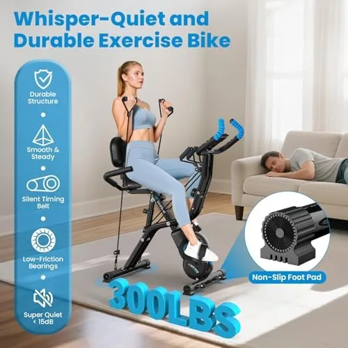 Person riding the foldable bike while using the arm resistance bands