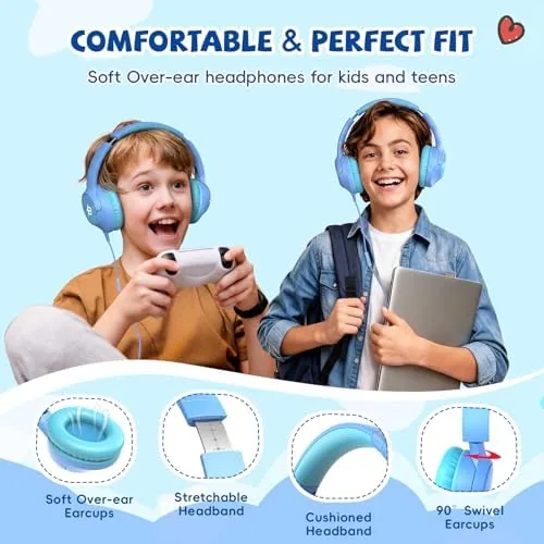 Another view of the Wired Headphones for Kids for School, 3.5mm Cord 85/94dB Volume