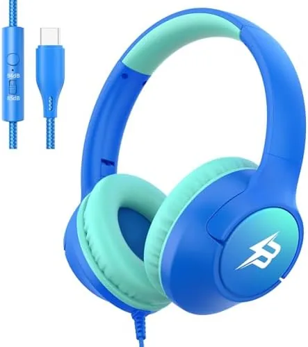USB C Headphones Wired for Kids, 85/94dB Volume Limit With Mic, Blue | Kid Review: Tested and Rated