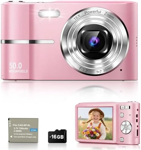 The pink digital camera on a table beside its box