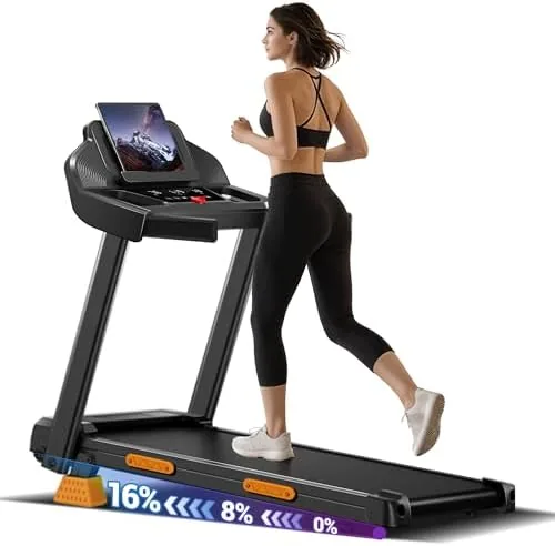 CURSOR FITNESS 16 percent incline treadmill folded in a small apartment corner