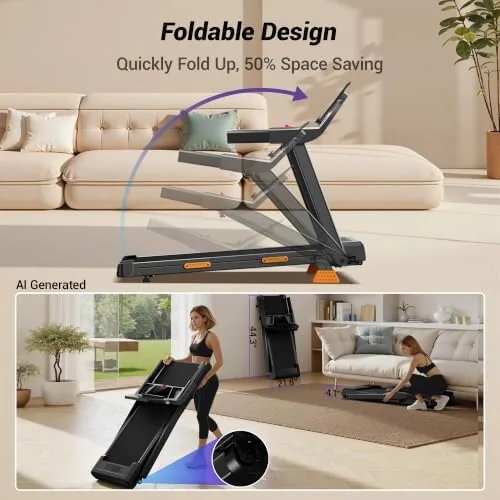 Folded treadmill stored against a wall in a small apartment bedroom