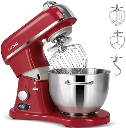 The ZACME 8.4 quart commercial stand mixer with the stainless steel 8L bowl attached on a kitchen counter