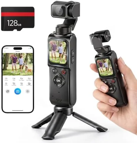 The portable 4K vlogging camera held in a hand with the lens rotated forward for a selfie