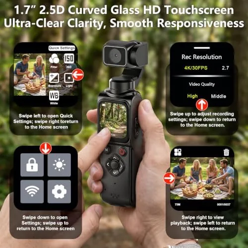 The touch screen showing a video preview while the camera records a vlog scene
