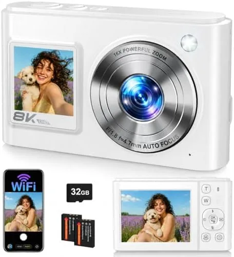 The white 8K digital camera with its rear screen showing a photo preview