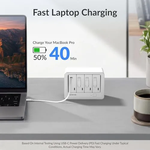Detail shot of the 12-in-1 Desktop Charging Station, 260W USB Retractable GaN Charger | features