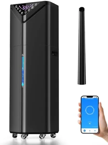 The tall 19L floor humidifier standing in a living room with mist rising from the tube