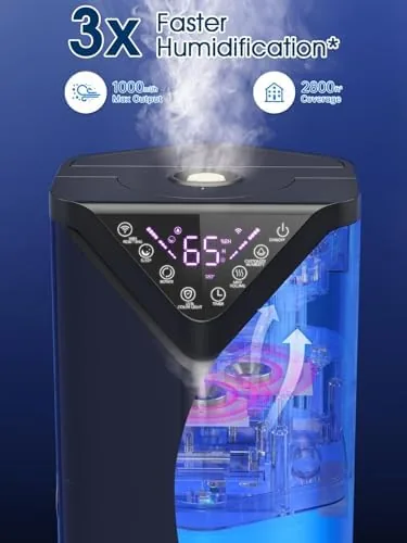 A hygrometer on a shelf showing the rising humidity level beside the running humidifier