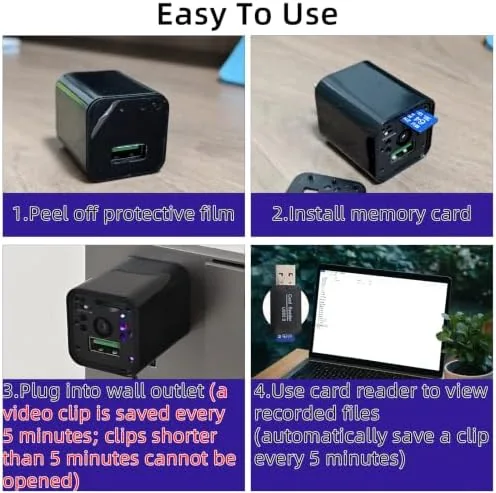 Detail shot of the HD 1080P USB Charger Hidden Camera, 64GB Spy Nanny Cam features