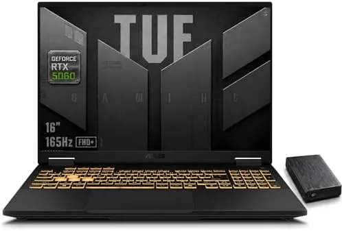 ASUS TUF F16 gaming laptop open on a desk showing the 16 inch display