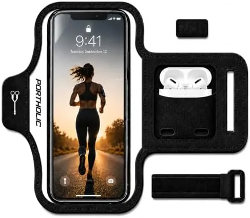 The PORTHOLIC running armband worn on an upper arm holding a smartphone during a run