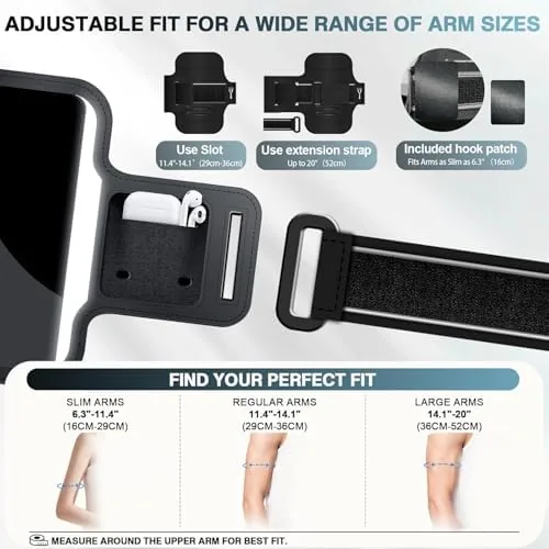 A large smartphone sitting inside the armband pocket with the touch window visible