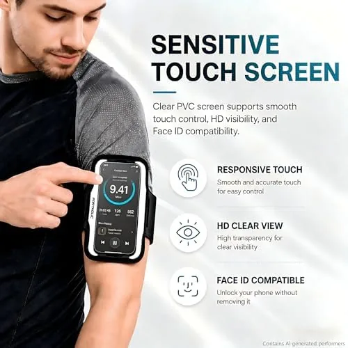 The armband flat on a table showing the card slot, earphone pouch, and reflective trim