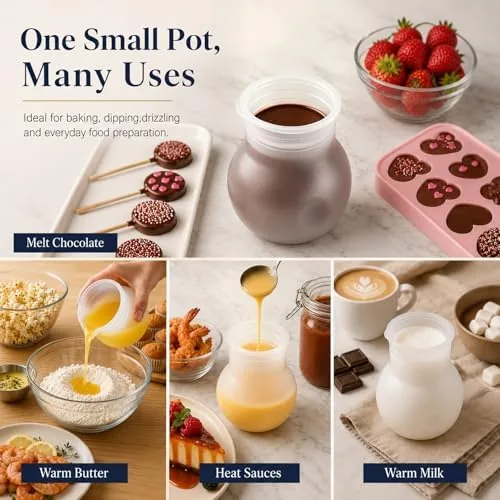 The flexible silicone pot folded to show how easily it cleans and releases melted chocolate