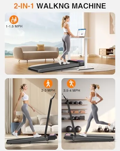 Walking pad with handle bar next to a flat basic walking pad