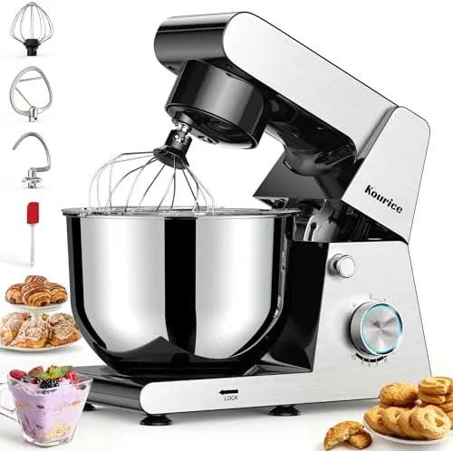 The 6.5QT tilt-head stand mixer with its stainless steel bowl attached on a kitchen counter