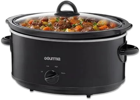The Gourmia 6 quart slow cooker in black on a kitchen counter