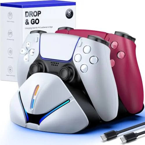 PS5 controller charger station with two DualSense controllers docked