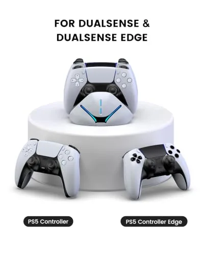 Charger station on a shelf next to a controller charged by cable