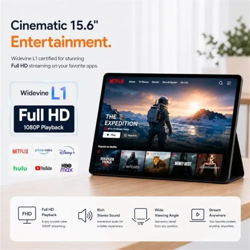 Detail shot of the 15.6 Inch Tablet, Android 16, Widevine L1, FHD IPS Display features