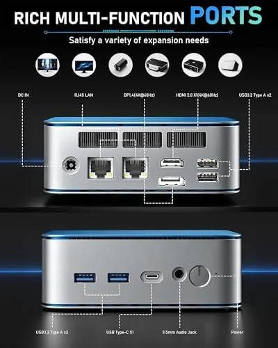The Getorli mini PC on a desk with two monitors showing work apps