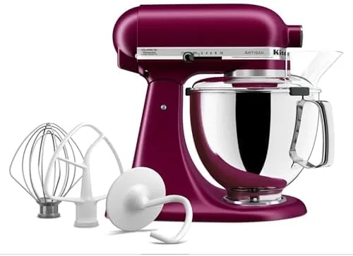 The tilt head lifted on the Beetroot KitchenAid showing the bowl and beater
