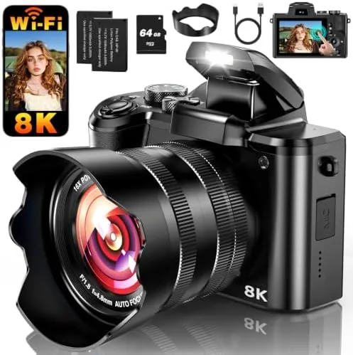 The 8K 88MP digital camera held in a hand showing the touchscreen