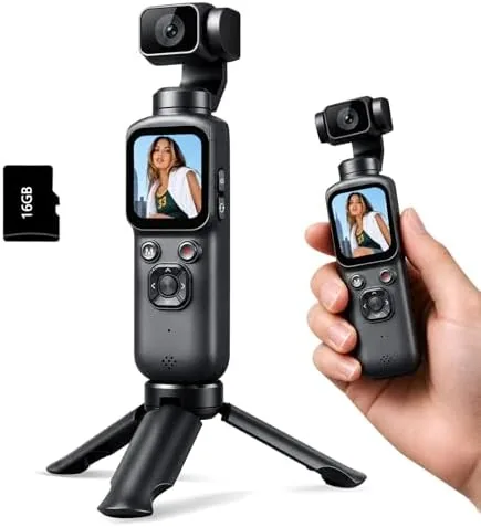 The compact 4K vlogging camera with its gimbal lens rotated to face the user