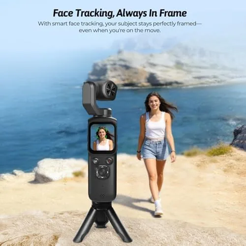 The camera set up on the included tripod recording a vlog