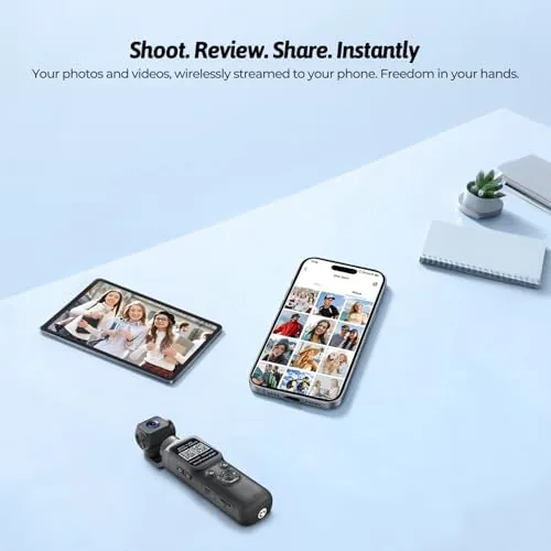 A creator filming a travel vlog with the rotating lens camera