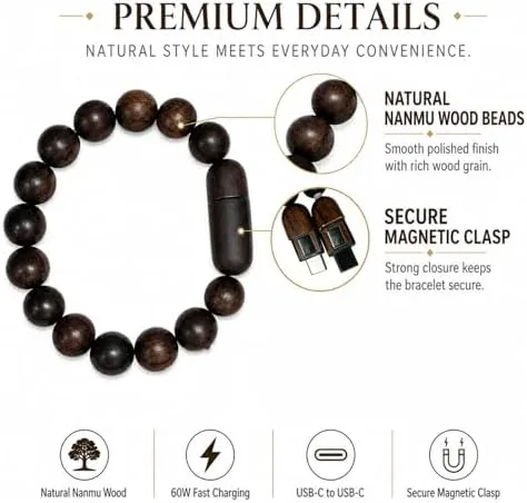 Detail shot of the USB Charging Cord Beaded Bracelets for Women 60W Fast Charge features