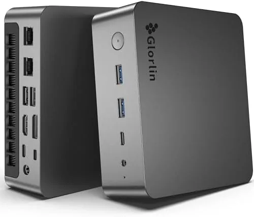 The compact Glorlin AI Mini PC on a desk next to a keyboard and monitor