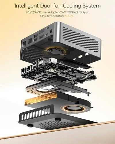 The mini PC running a video call and multiple office applications