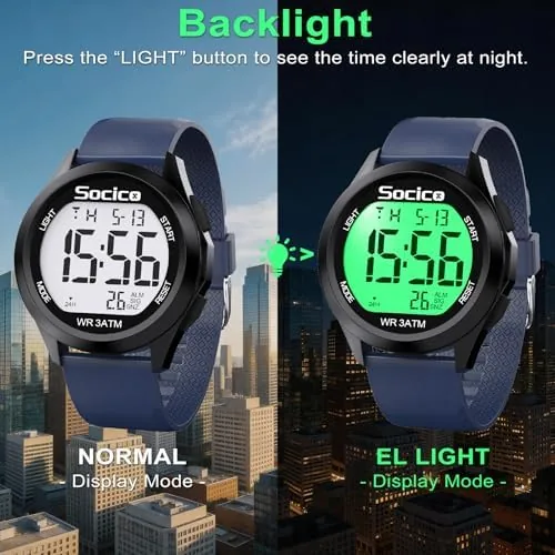 Detail shot of the SOCICO Men Digital Watch Waterproof 12/24H Military Style Backlight | features