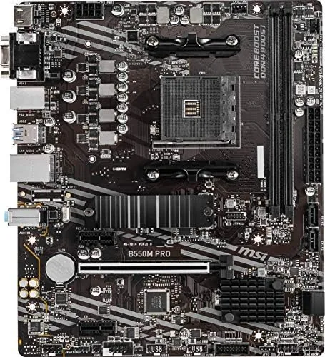 Close up of the AM4 socket and VRM heatsinks on the PRO B550M-P