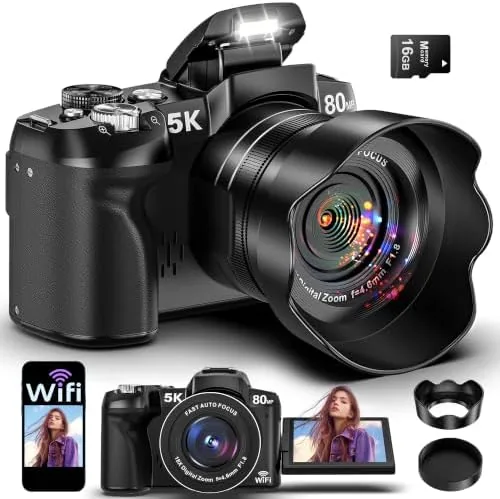 The 5K vlogging camera with the flip screen rotated forward for self recording