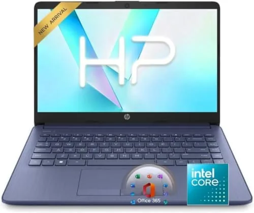 Thin HP 14 laptop open on a desk with the 14 inch display