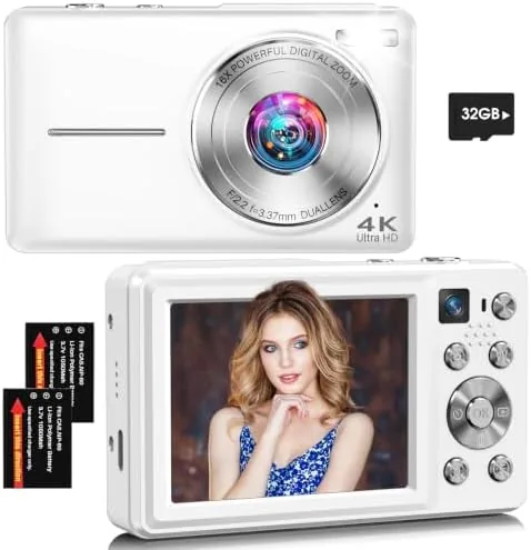 The white 4K digital camera held in a hand, showing the compact size