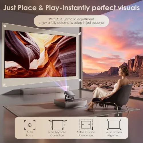 The projector casting an image at an angle with auto keystone correcting the frame