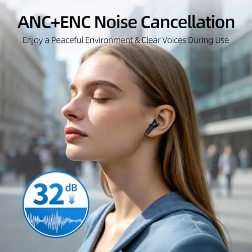 Detail shot of the Wireless Earbuds, 100H Bluetooth 5.4 Headphones, ENC+ ANC Noise Cancelling features