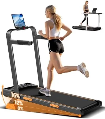 The 16 percent incline walking pad treadmill set up under a standing desk