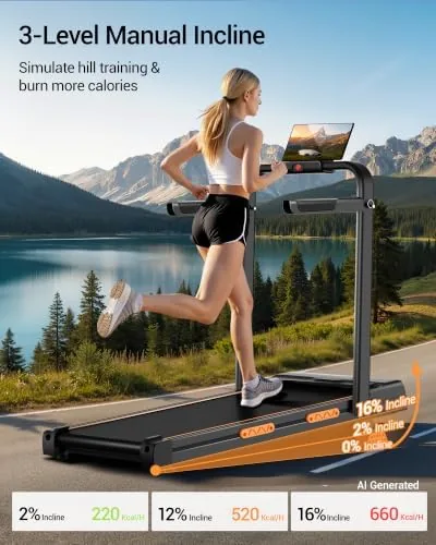 Side view of the foldable walking pad treadmill with the handles folded down